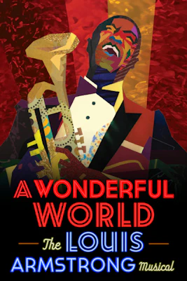 Louis Armstrong playing trumpet on stage in "A Wonderful World" musical, New York City.