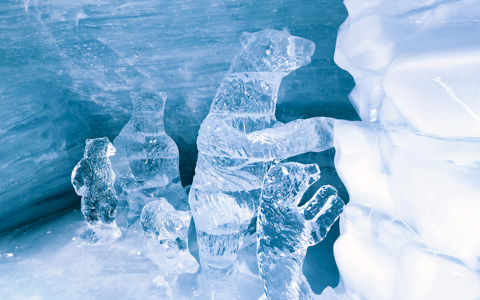 Ice sculptures of bears in the Ice Palace at Jungfraujoch, Switzerland.
