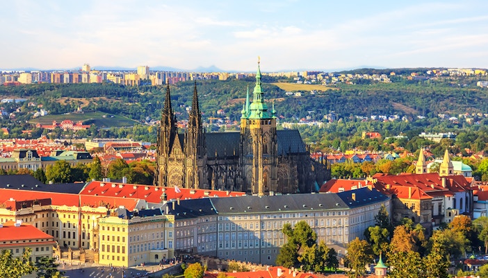 View of the historic Prague Castle Complex with the Astronomical Clock, part of the Combo Save 10% tour offer in Prague