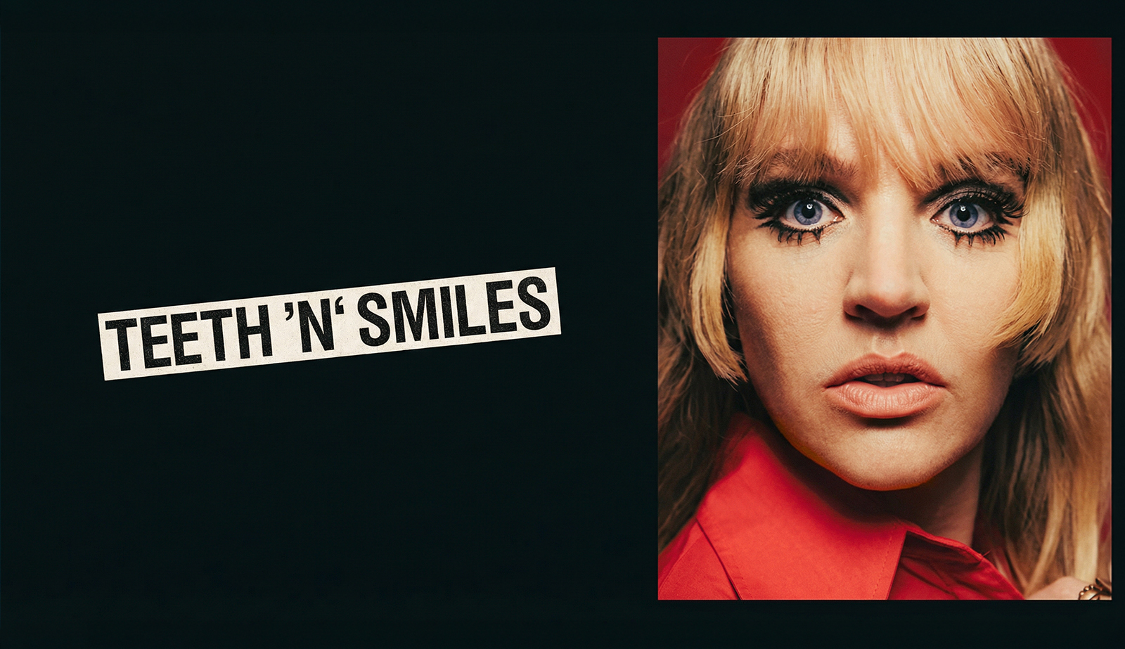 Teeth N Smiles text with close-up of a person in a red shirt