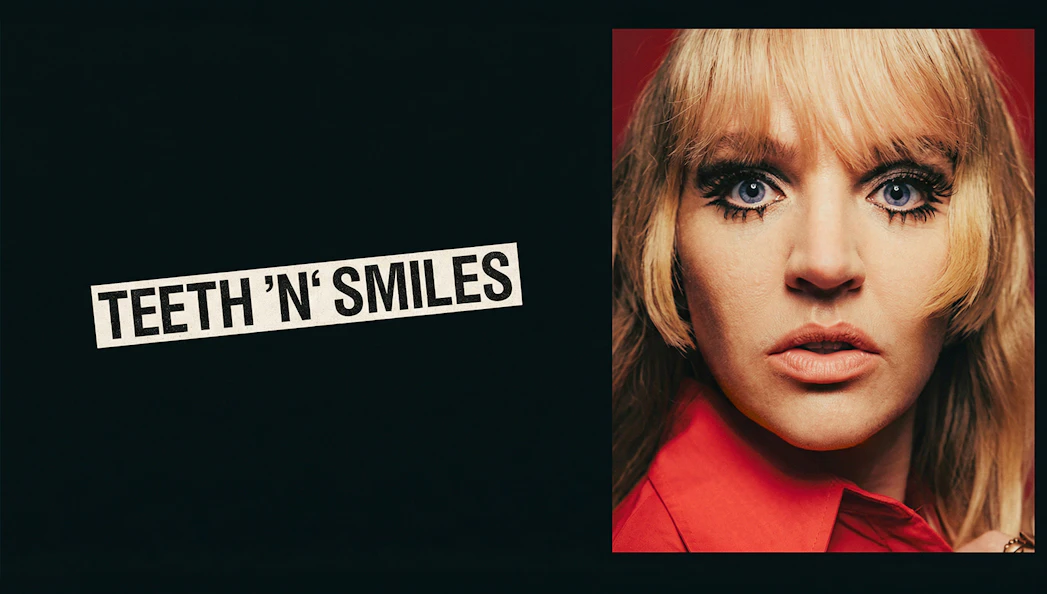 Teeth N Smiles text with close-up of a person in a red shirt