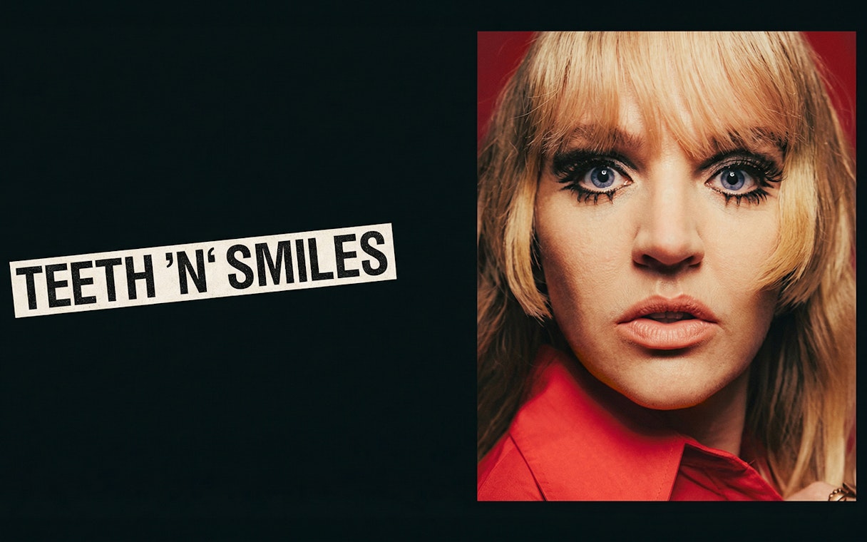 Teeth N Smiles text with close-up of a person in a red shirt