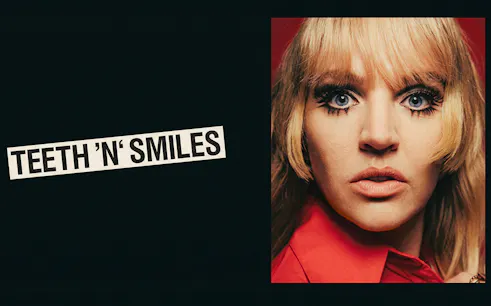Teeth N Smiles text with close-up of a person in a red shirt