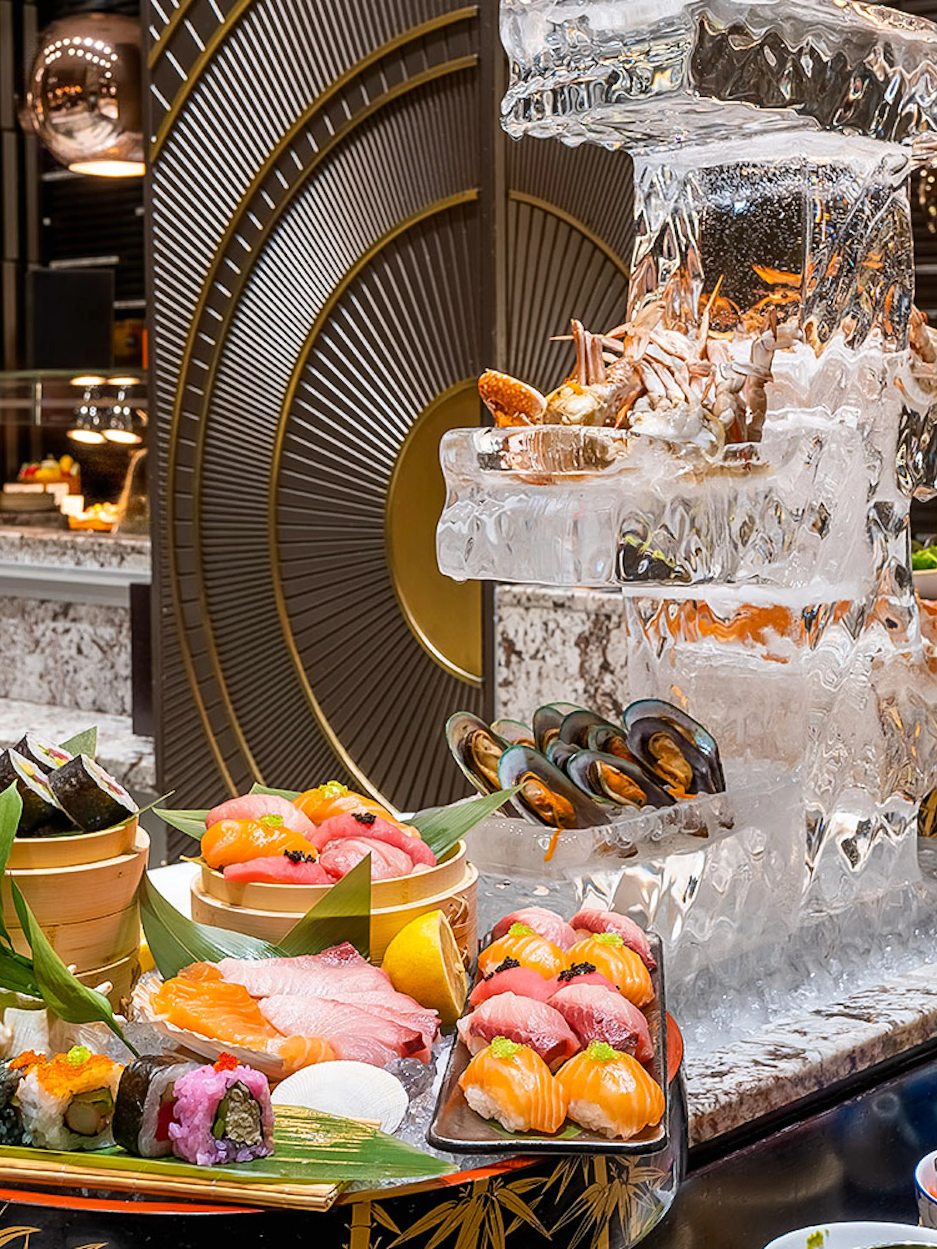 Sushi and seafood buffet display at Mundo Jumeirah Emirates Towers.