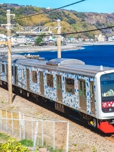 Izukyu 3000 series "Aloha Train" traveling along a coastal railway in Japan.