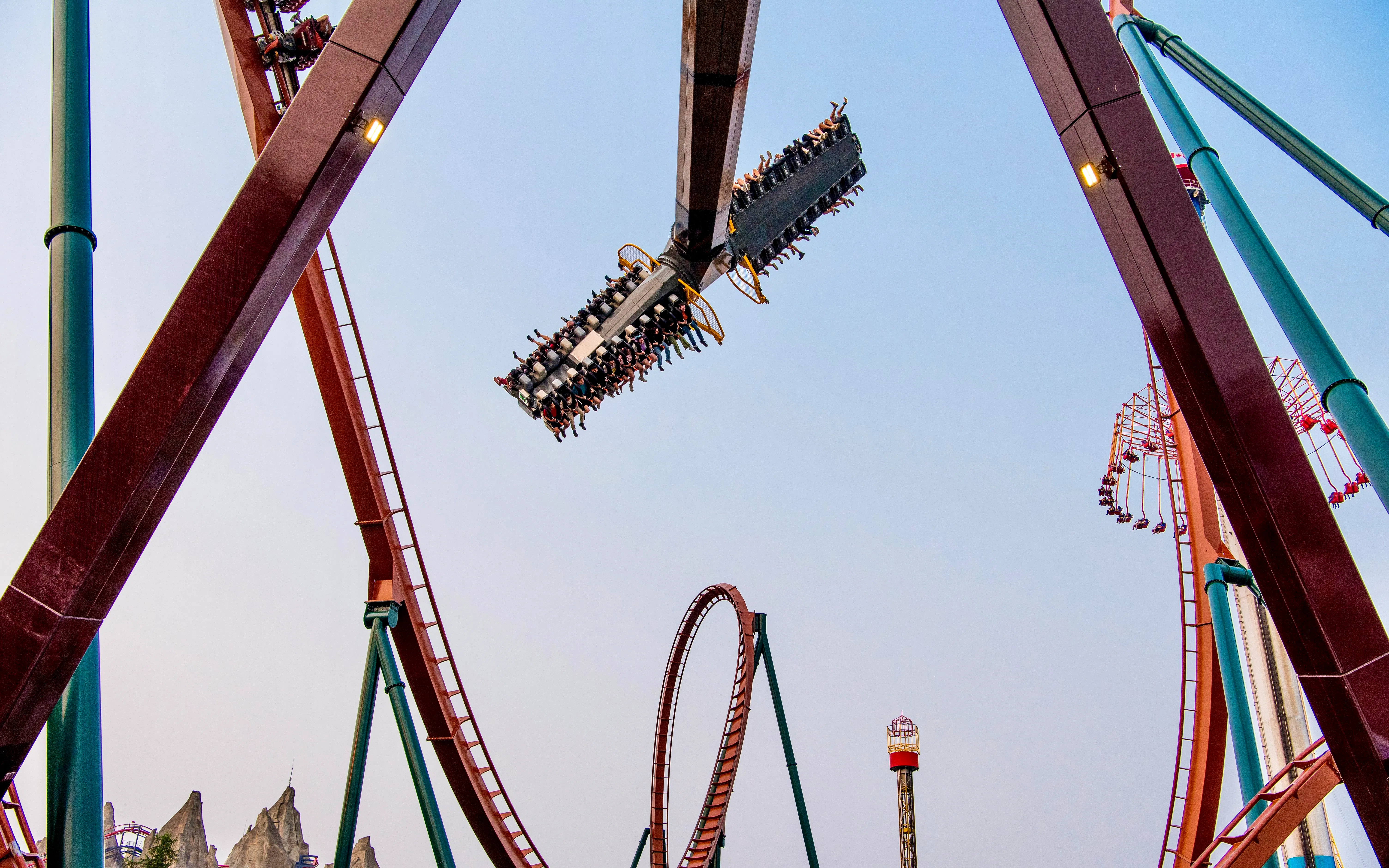 Riders on Tundra Twister roller coaster at Canada's Wonderland, Six Flags.