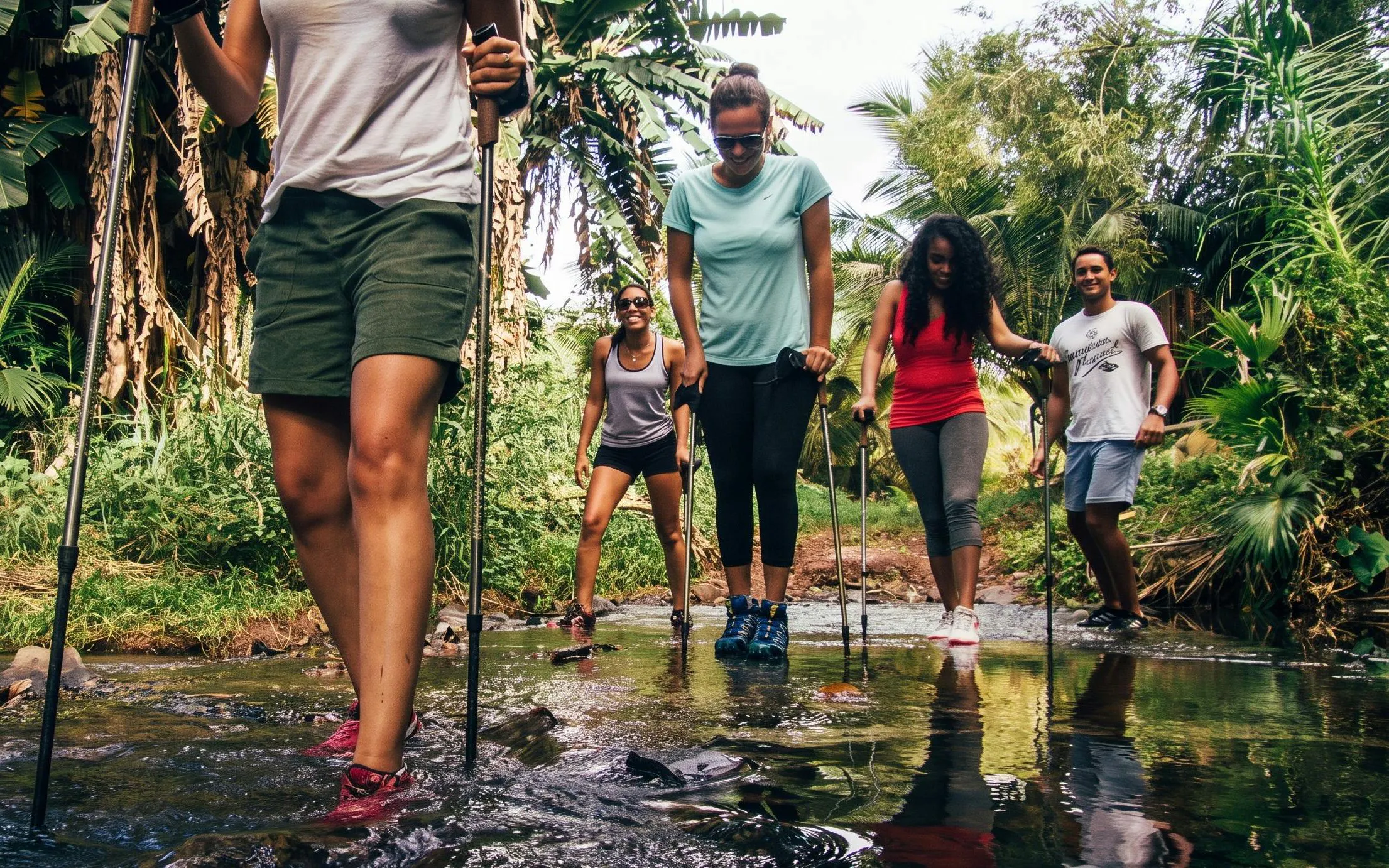 Group hiking through a stream in Bel Ombre wilderness tour.