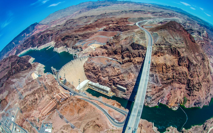 Aerial view of Hoover Dam and Colorado River near Grand Canyon West.