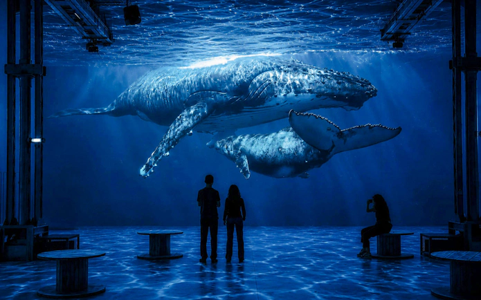 Visitors viewing whale projections at Atelier des Lumières Planète Océan exhibition.