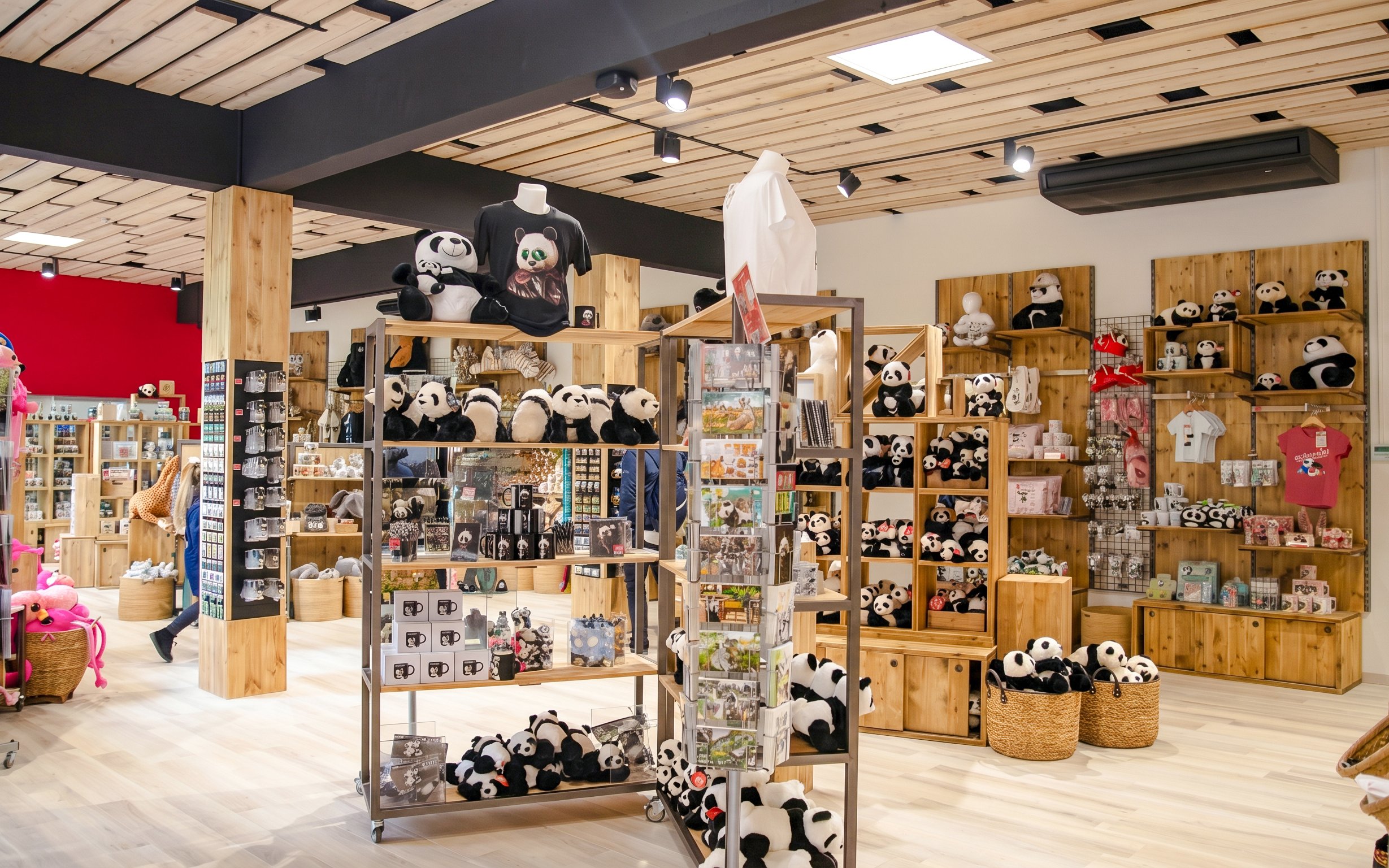 ZooParc de Beauval gift shop with panda-themed merchandise and souvenirs.