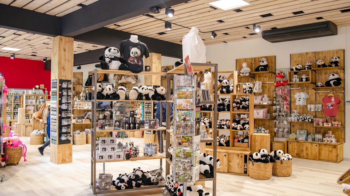ZooParc de Beauval gift shop with panda-themed merchandise and souvenirs.