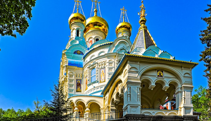 Saint Peter and Paul Cathedral with golden domes in Karlovy Vary, Czech Republic.