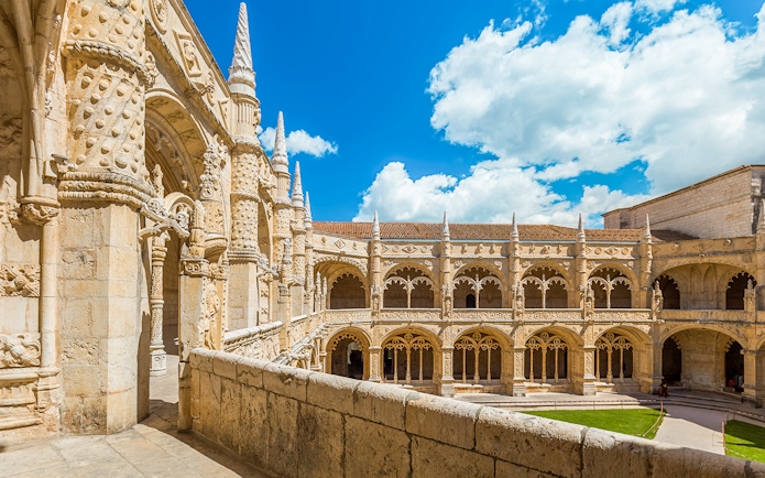 Jeronimos Monastery cloister view from balcony, Lisbon, Portugal.
