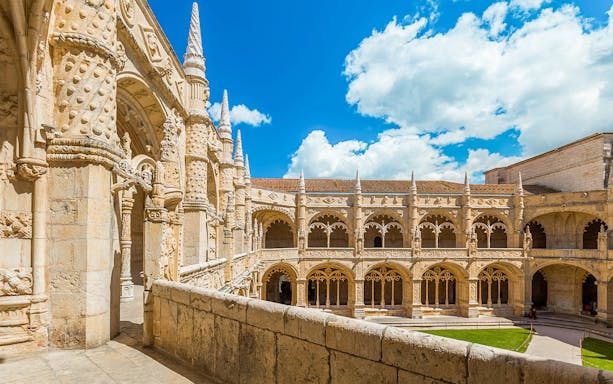 Jeronimos Monastery cloister view from balcony, Lisbon, Portugal.
