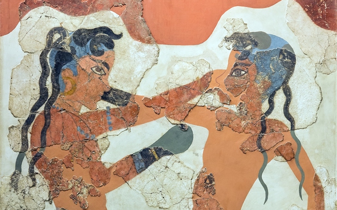 Boxers Fresco from Akrotiri displayed at Athens National Archaeological Museum.