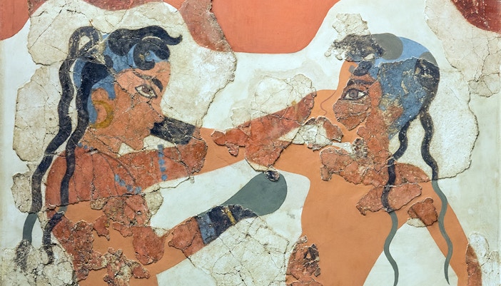 Boxers Fresco from Akrotiri displayed at Athens National Archaeological Museum.