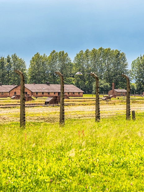 Auschwitz-Birkenau barracks and barbed wire fence under a blue sky.