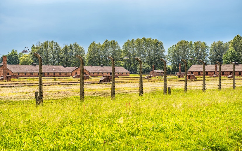 Auschwitz-Birkenau barracks and barbed wire fence under a blue sky.