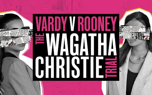 Vardy v Rooney: The Wagatha Christie Trial promotional graphic with newspaper collage.
