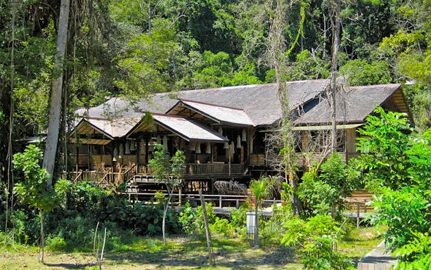 Traditional longhouse surrounded by lush greenery at Annah Rais, Sarawak.