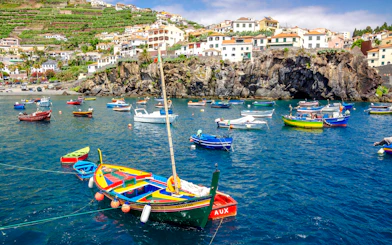Colorful boats in the harbor of a coastal village in Madeira, with hillside houses in the background.