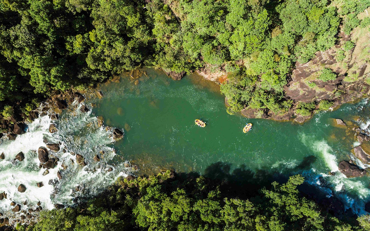 Rafting on Barron River surrounded by lush rainforest, part of the Raging Thunder experience.
