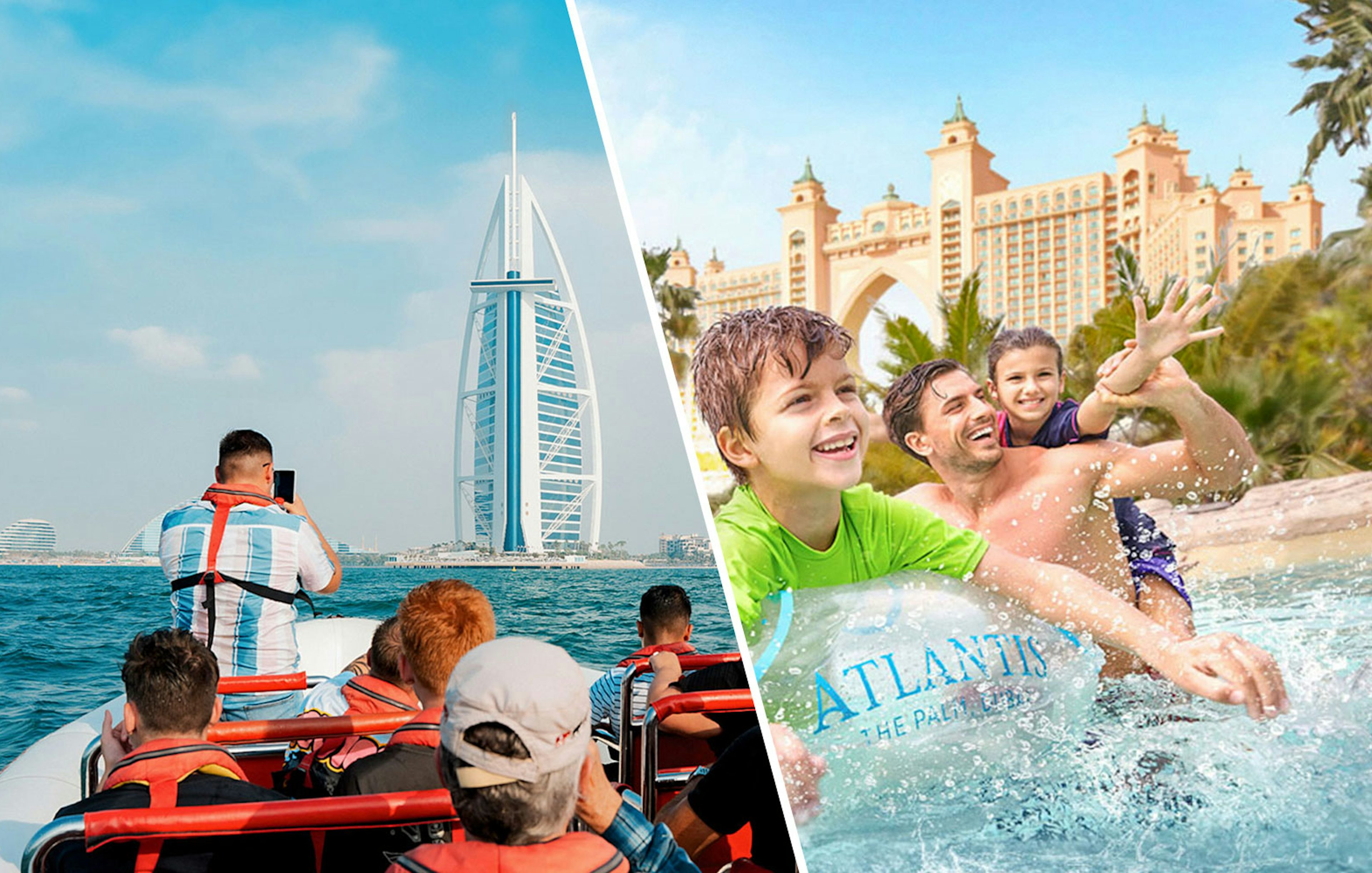 Speedboat near Burj Al Arab and family enjoying Aquaventure Waterpark, Dubai.
