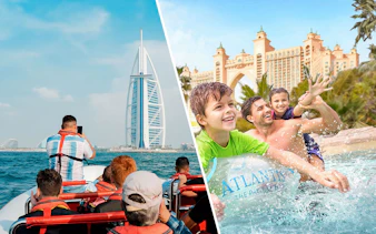 Speedboat near Burj Al Arab and family enjoying Aquaventure Waterpark, Dubai.