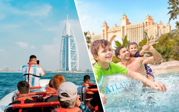 Speedboat near Burj Al Arab and family enjoying Aquaventure Waterpark, Dubai.