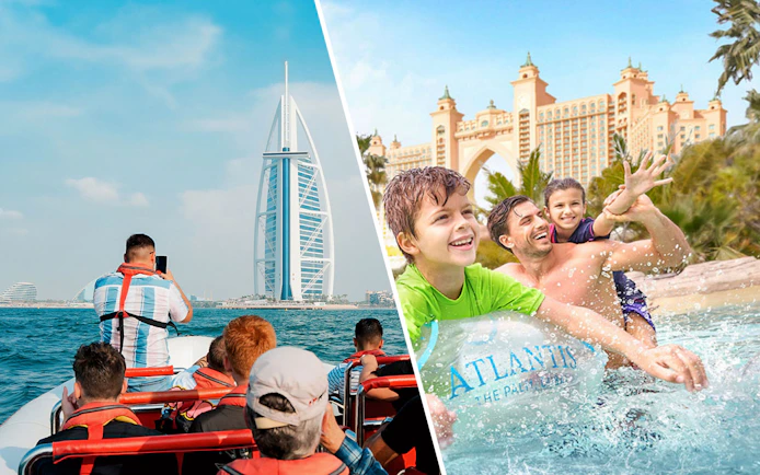 Speedboat near Burj Al Arab and family enjoying Aquaventure Waterpark, Dubai.