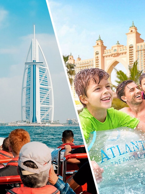Speedboat near Burj Al Arab and family enjoying Aquaventure Waterpark, Dubai.