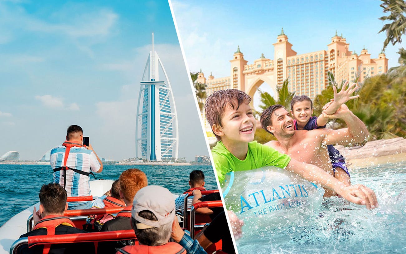 Speedboat near Burj Al Arab and family enjoying Aquaventure Waterpark, Dubai.