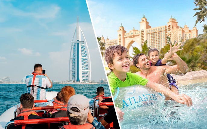 Speedboat near Burj Al Arab and family enjoying Aquaventure Waterpark, Dubai.