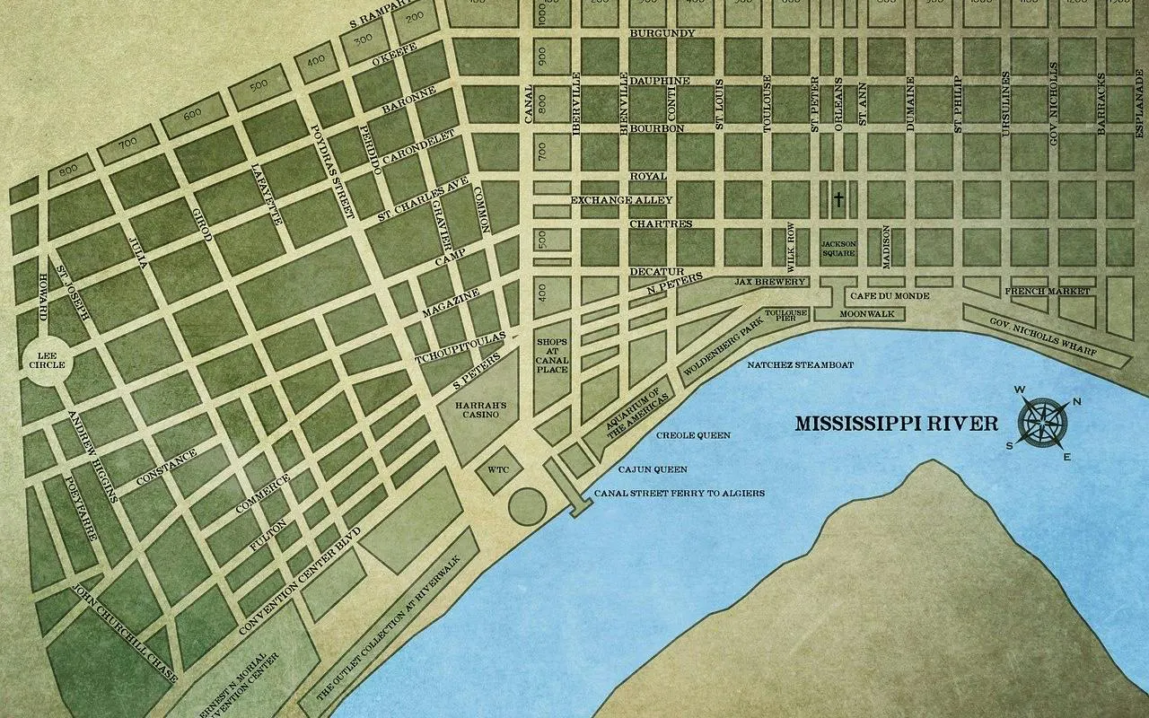 Map of New Orleans streets near the Mississippi River, highlighting landmarks like Jackson Square and Lee Circle.
