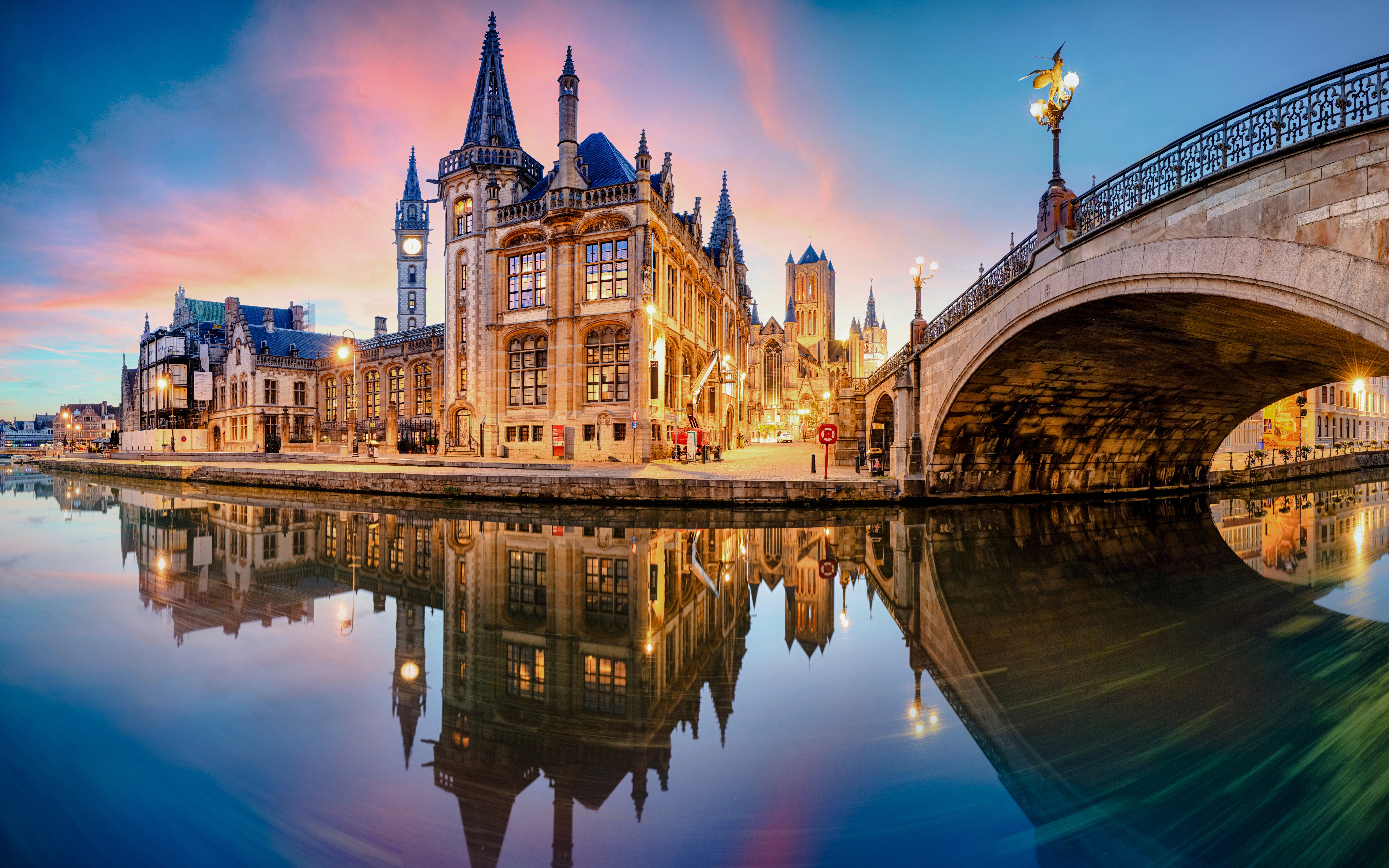 View from Sint-Michielsbrug of Graslei quay and Lys river in Ghent, Belgium.