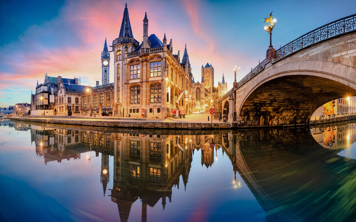 View from Sint-Michielsbrug of Graslei quay and Lys river in Ghent, Belgium.