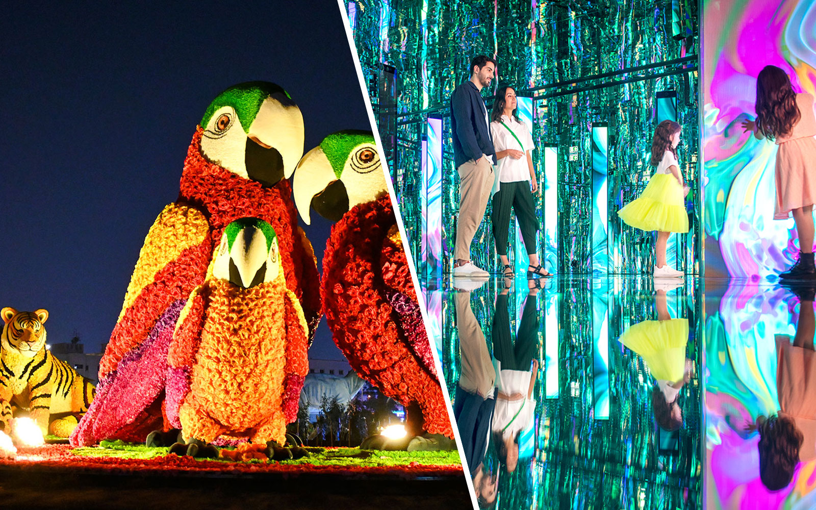 Floral parrot and tiger sculptures at Dubai Garden Glow with visitors in a mirrored room.
