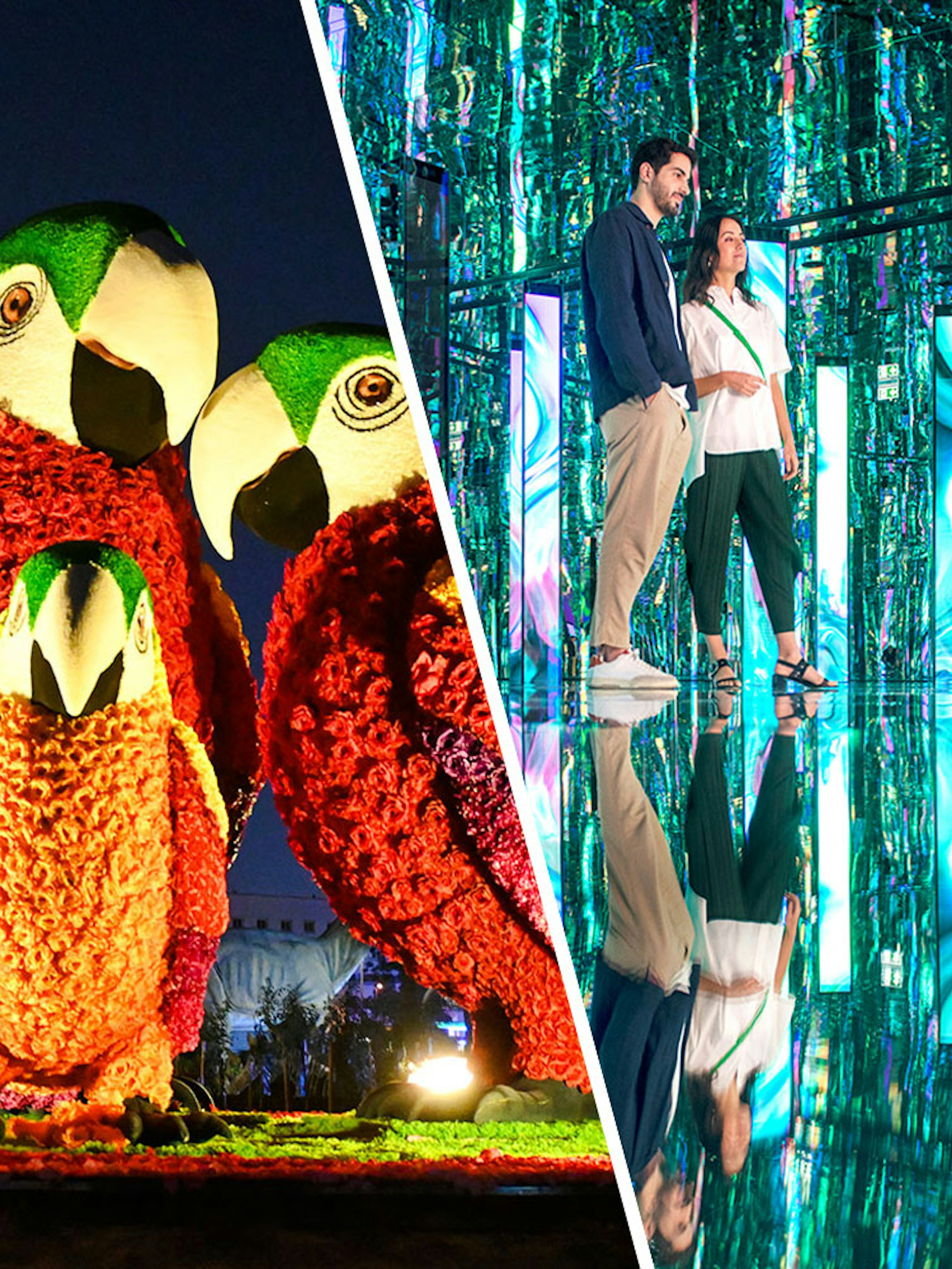 Floral parrot and tiger sculptures at Dubai Garden Glow with visitors in a mirrored room.