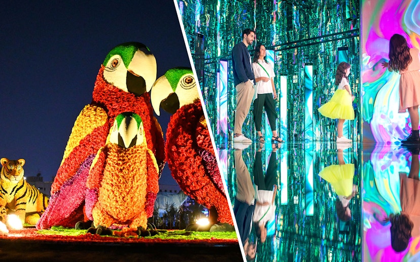 Floral parrot and tiger sculptures at Dubai Garden Glow with visitors in a mirrored room.