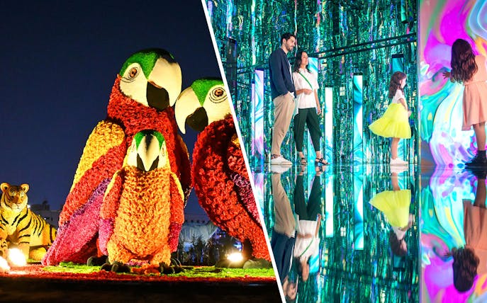 Floral parrot and tiger sculptures at Dubai Garden Glow with visitors in a mirrored room.