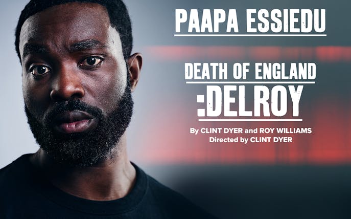 Death of England: Delroy play poster with actor's close-up and title text.