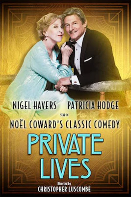 Noël Coward's "Private Lives" theater poster with cast names and show details.