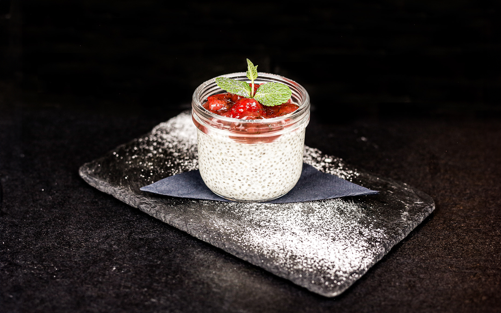 Chia pudding dessert served on Budapest dinner cruise.