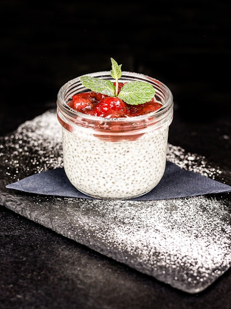 Chia pudding dessert served on Budapest dinner cruise.