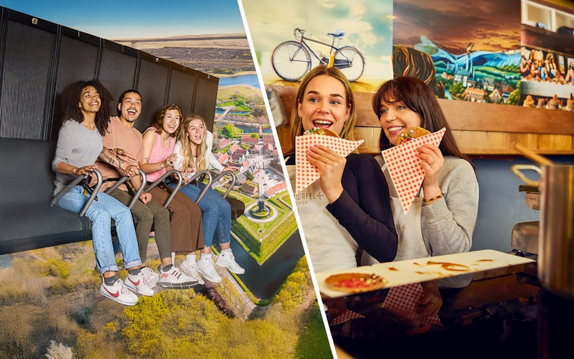 Visitors enjoying a flight simulation over Dutch landscapes and tasting stroopwafels at This is Holland.