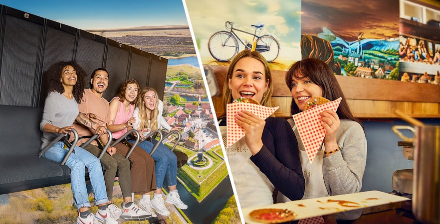 Visitors enjoying a flight simulation over Dutch landscapes and tasting stroopwafels at This is Holland.