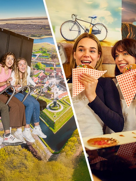 Visitors enjoying a flight simulation over Dutch landscapes and tasting stroopwafels at This is Holland.