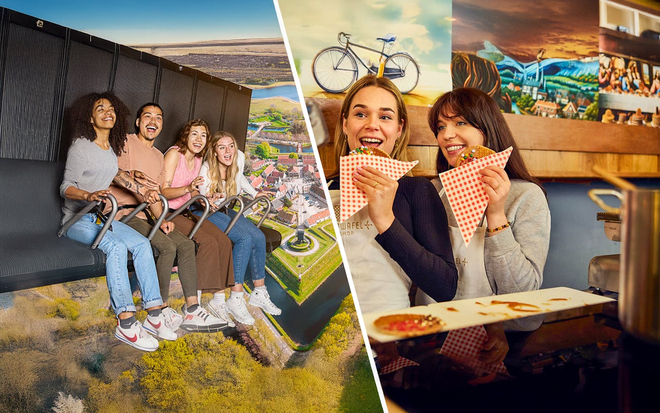 Visitors enjoying a flight simulation over Dutch landscapes and tasting stroopwafels at This is Holland.