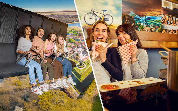 Visitors enjoying a flight simulation over Dutch landscapes and tasting stroopwafels at This is Holland.