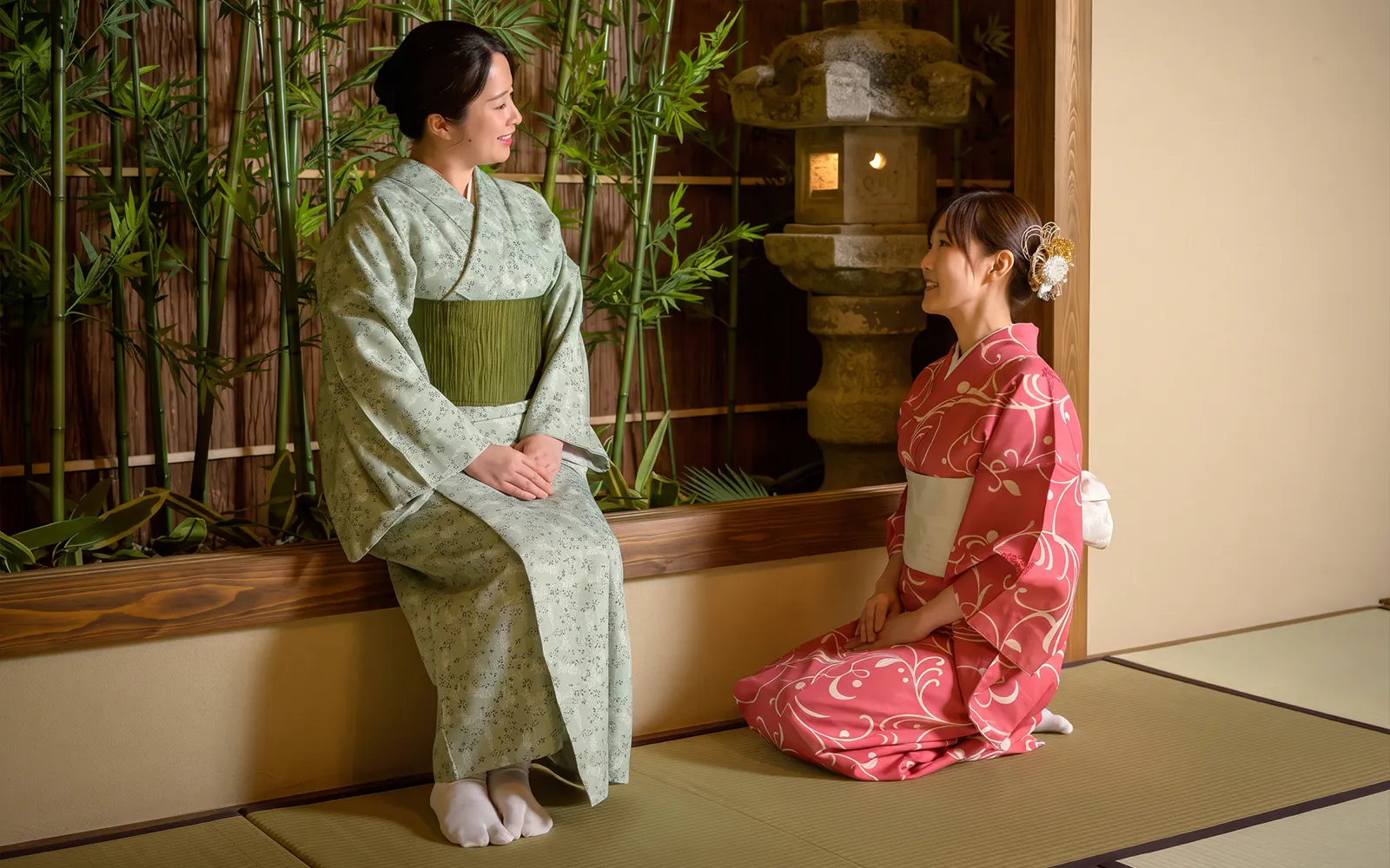 Women in kimonos during a tea ceremony at Shinjuku, Japan.